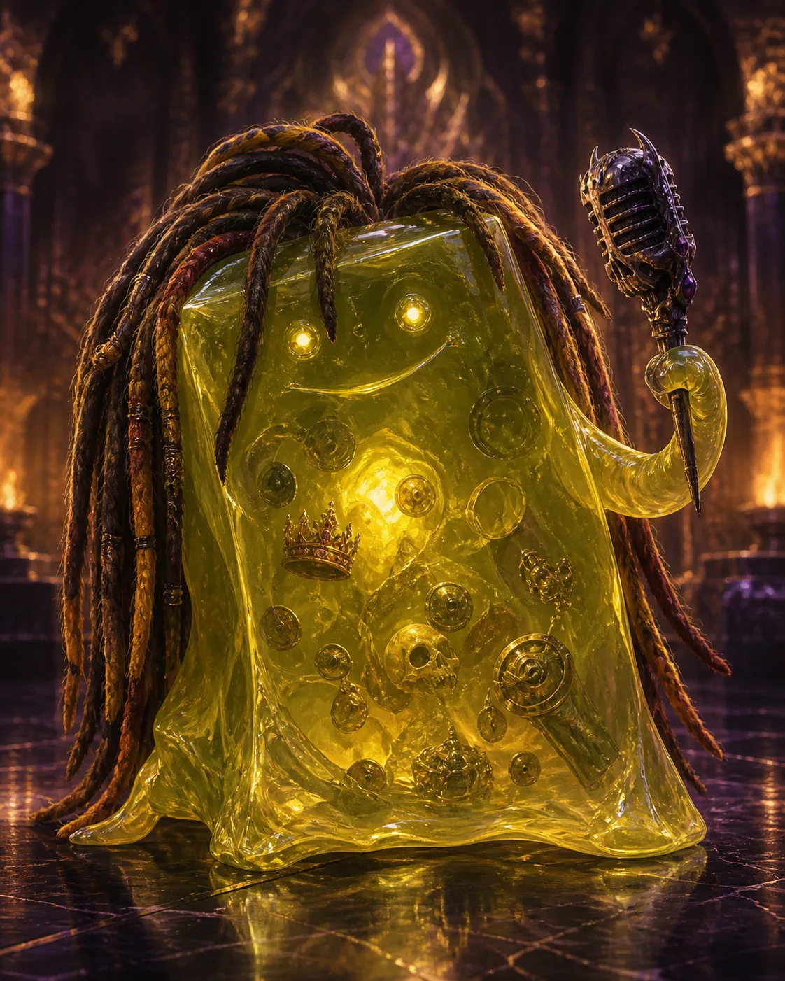 Blob Marley — a translucent amber slime herald with braided locks holding a microphone-staff.