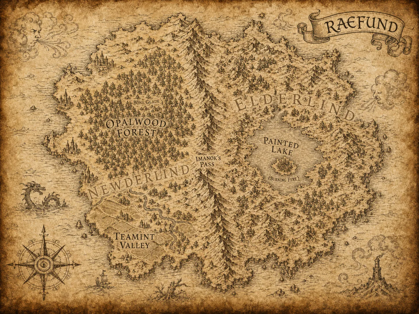A hand-finished parchment location map of Raefund, with labelled regions and recurring glyphs.